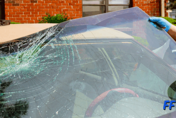 Technicien FFV en train de remplacer un pare-brise avec un véhicule de prêt à disposition